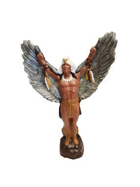 Native American-Inspired Figurine with Eagle Wings & Headdress Sculpture READ